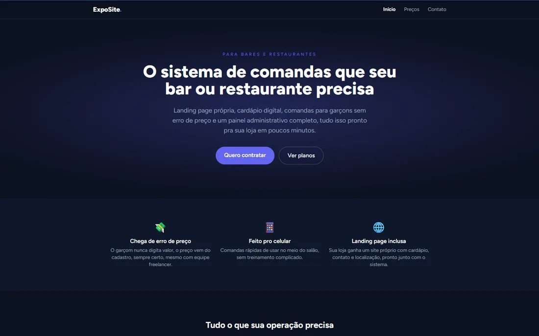 Página inicial do ExpoSite, sistema de comandas para bares e restaurantes